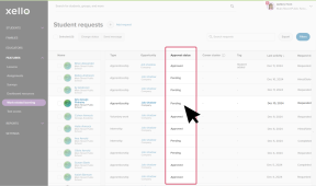 Requests page with the Approval status column highlighted. The cursor is over a Pending status